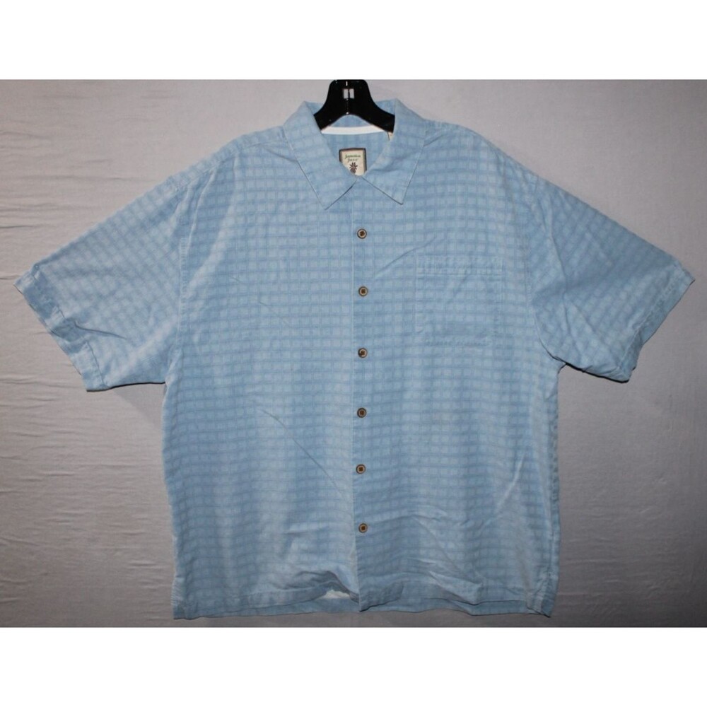 Jamaica Jaxx Men's Silk Button Up Shirt XL Blue Square Textured Summer Casual